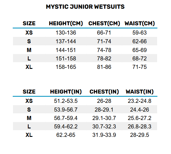 2025 MYSTIC JUNIOR WETSUITS 0 Size Chart